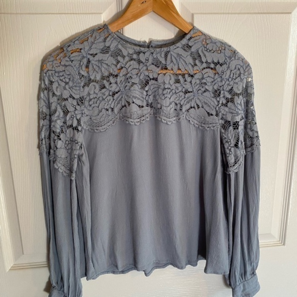 H&M Blue Long Sleeve Baby Doll Lace Long Sleeve Blouse Size 4, Small, Spring Top